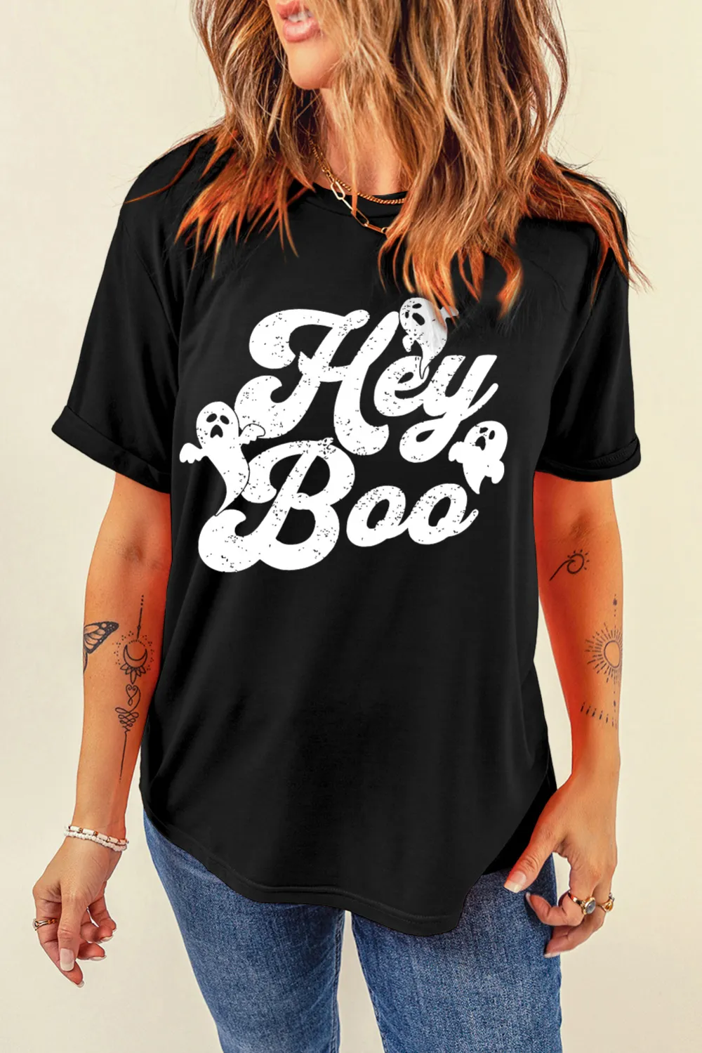 Black Hey Boo Ghost Print Tee