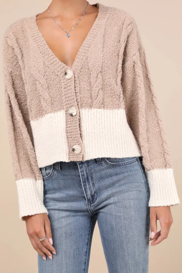 Daily Beige and Ivory Cable Knit Boucle Cardigan