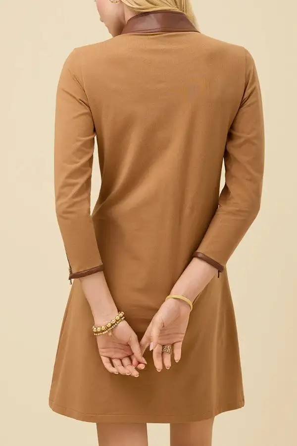 Tan Half Zip Vegan Leather Midi Dress