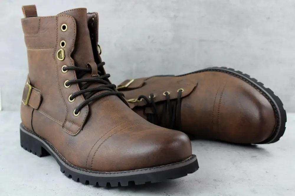Faux-Leather Lace-Up Buckle-Detail Combat Boots