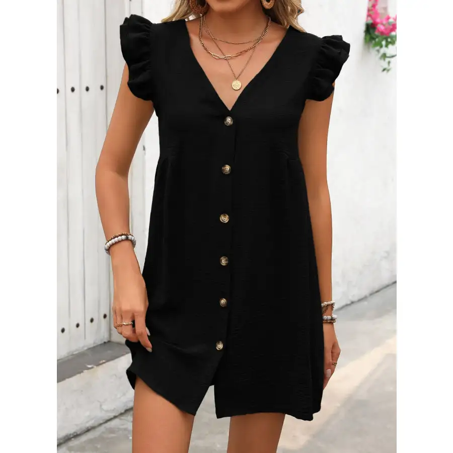 Button Up V-Neck Cap Sleeve Mini Dress