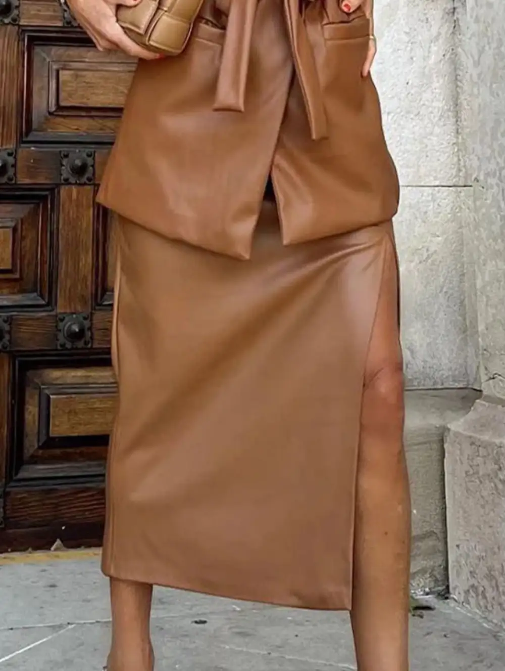 Leather Look Slit High Waist Midi Skirt
