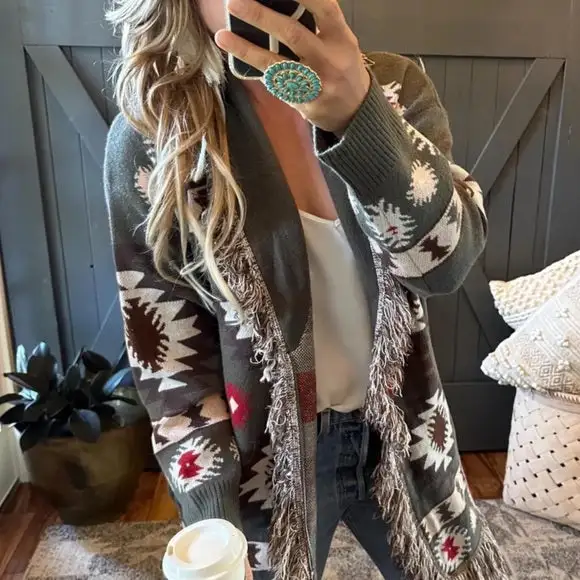 Everyday Western Geometric Fringed Oversized Cardigan