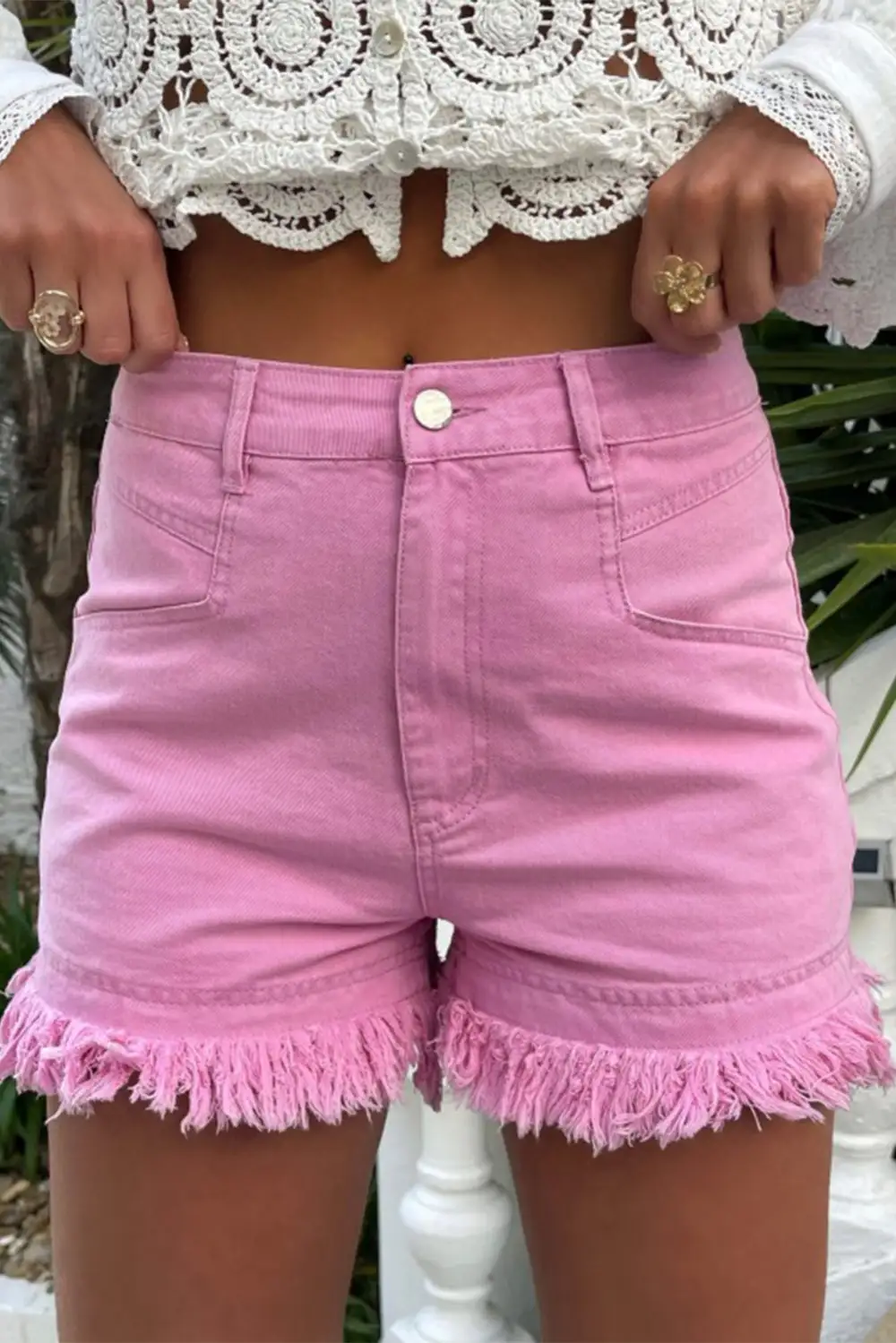 Pink Frayed Edge Mid Rise Denim
