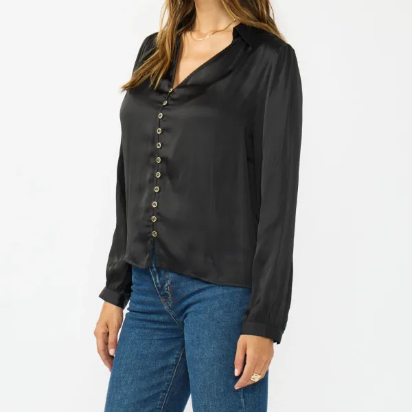 Shirred Satin Button Front Shirt