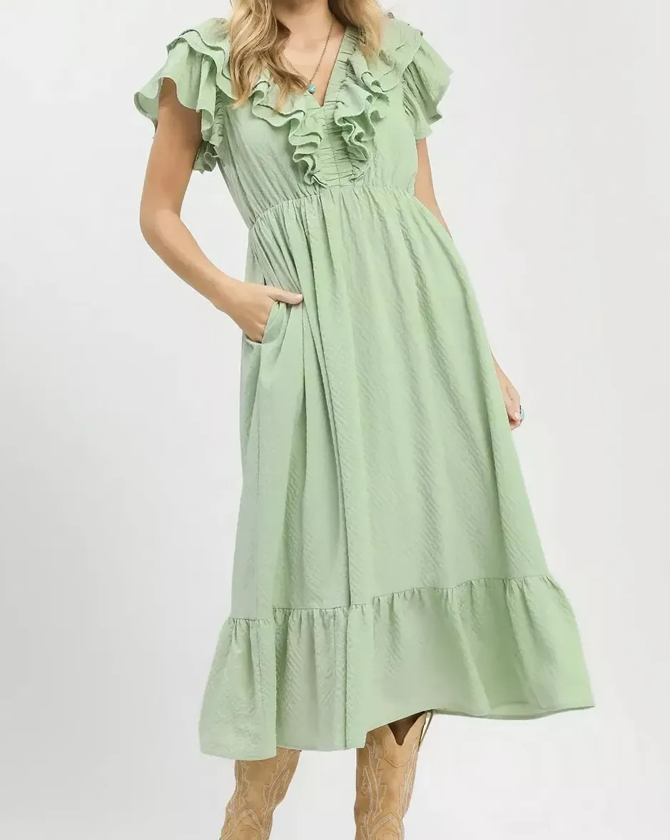 Textured Textured Ruffle Midi Dress