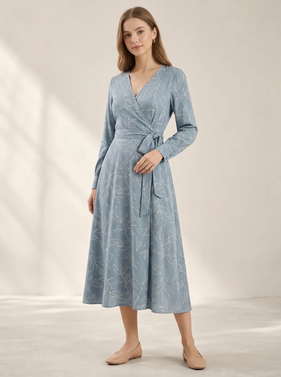 Women's Fine Detail Botanical Leaf Wrap Printed Dress