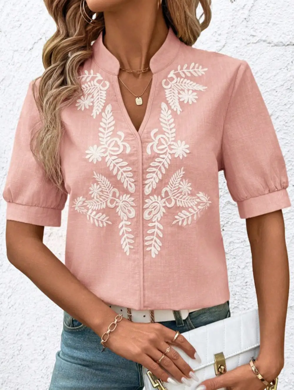 Everyday V Neck Embroidered Blouse