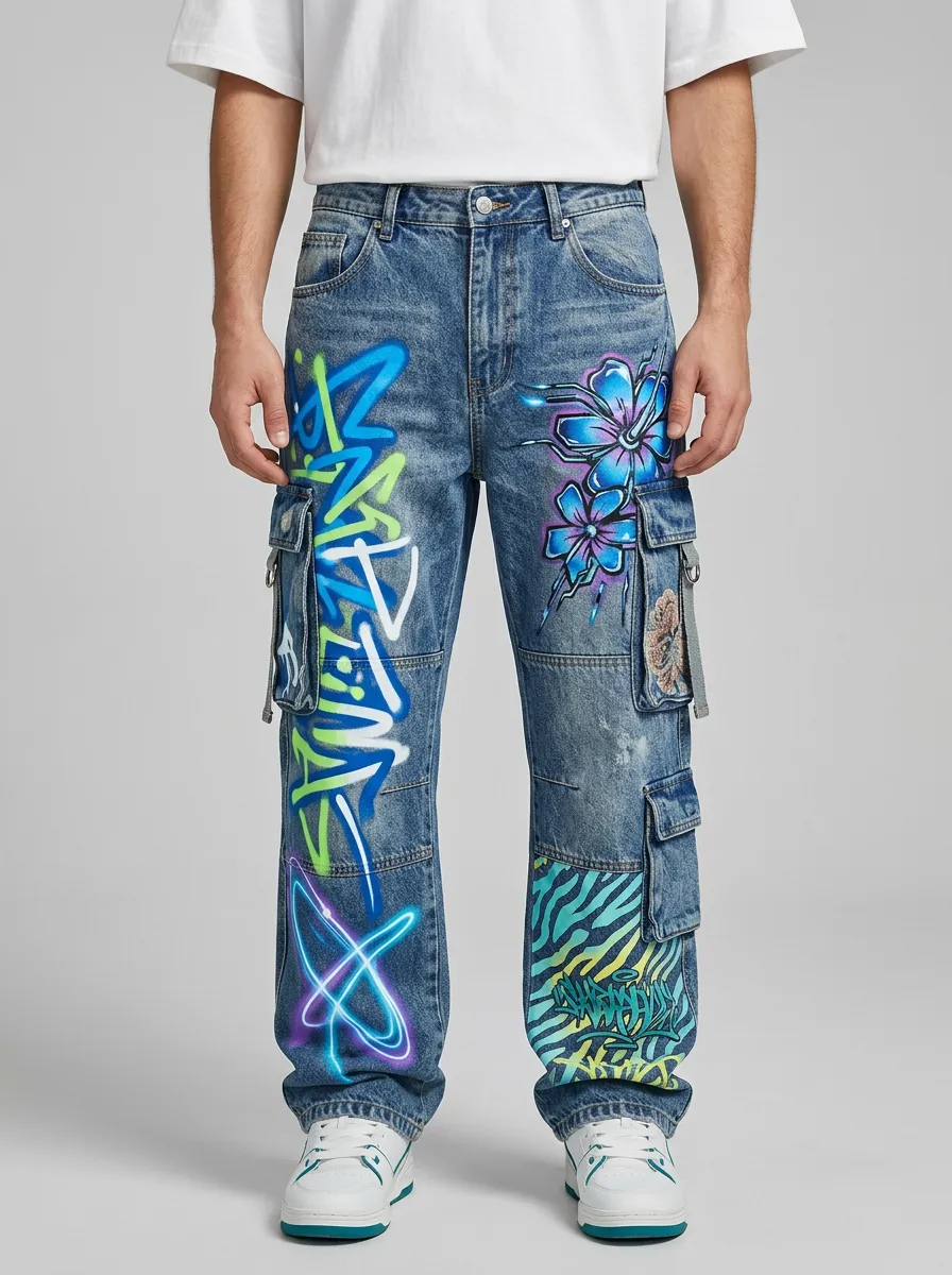 Men's Streetwear Graffiti Floral Zebra Graphic Cargo Jeans