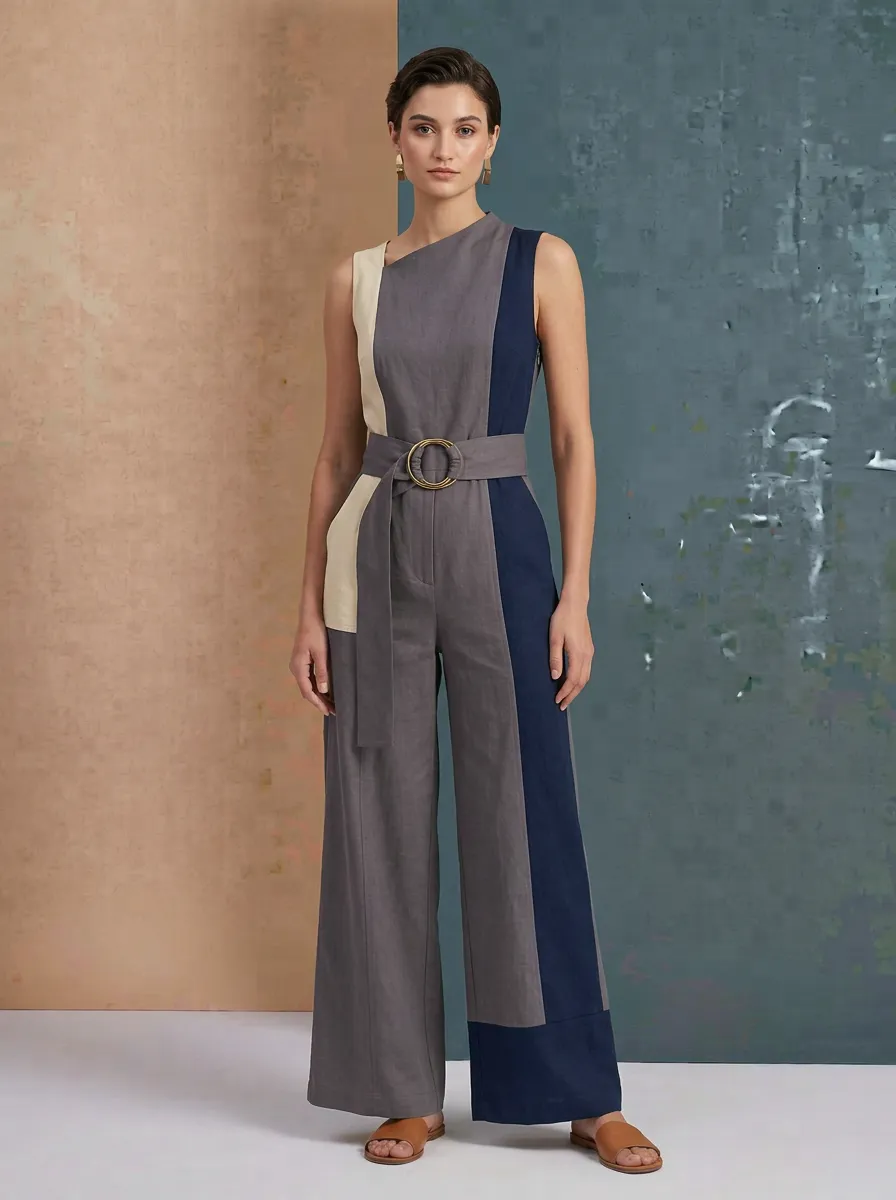 Women's Casual Chic Colorblock Asymmetric Belted Jumpsuit