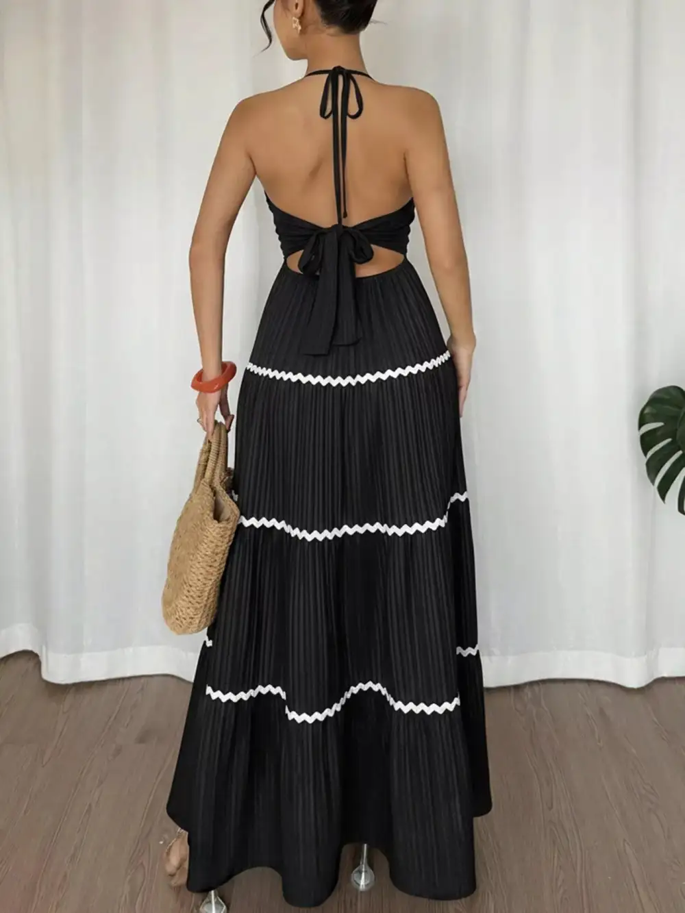 Classic Halter Neck Pleated Maxi Dress
