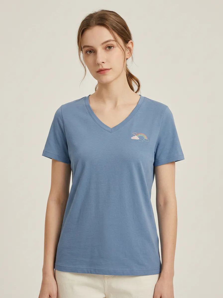Women's Rainbow & Cloud Embroidered V-Neck T-Shirt