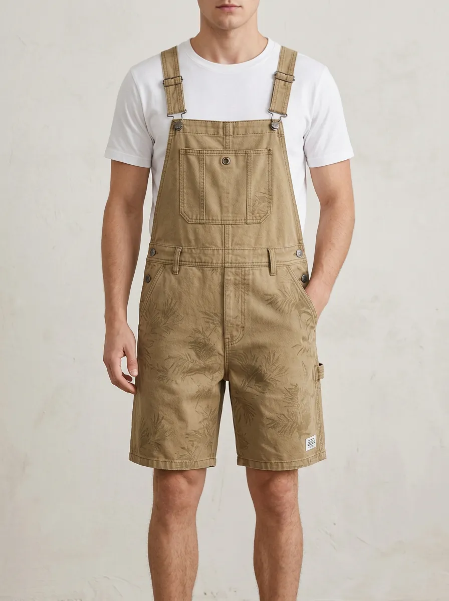 Men's Tropical Leaf Khaki Printed Overalls Shorts
