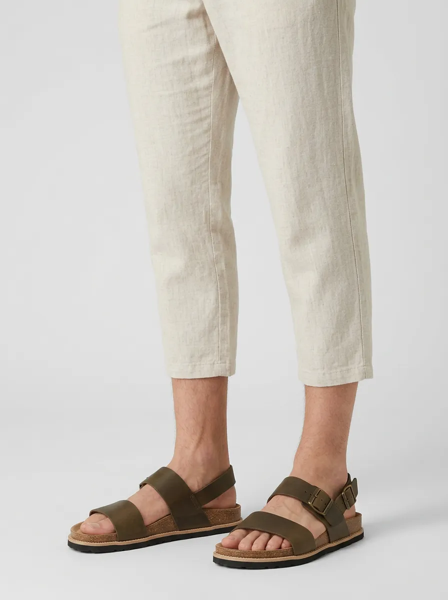 Men's Casual Olive Leather-Look Buckle Printed Sandals