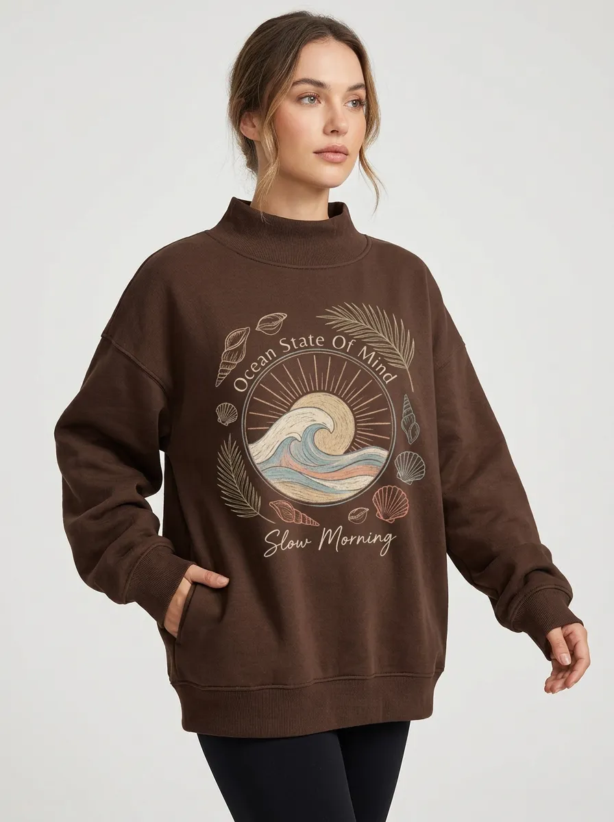 Women's Chocolate Beach Ocean Wave Seashell Mock Neck Sweatshirt