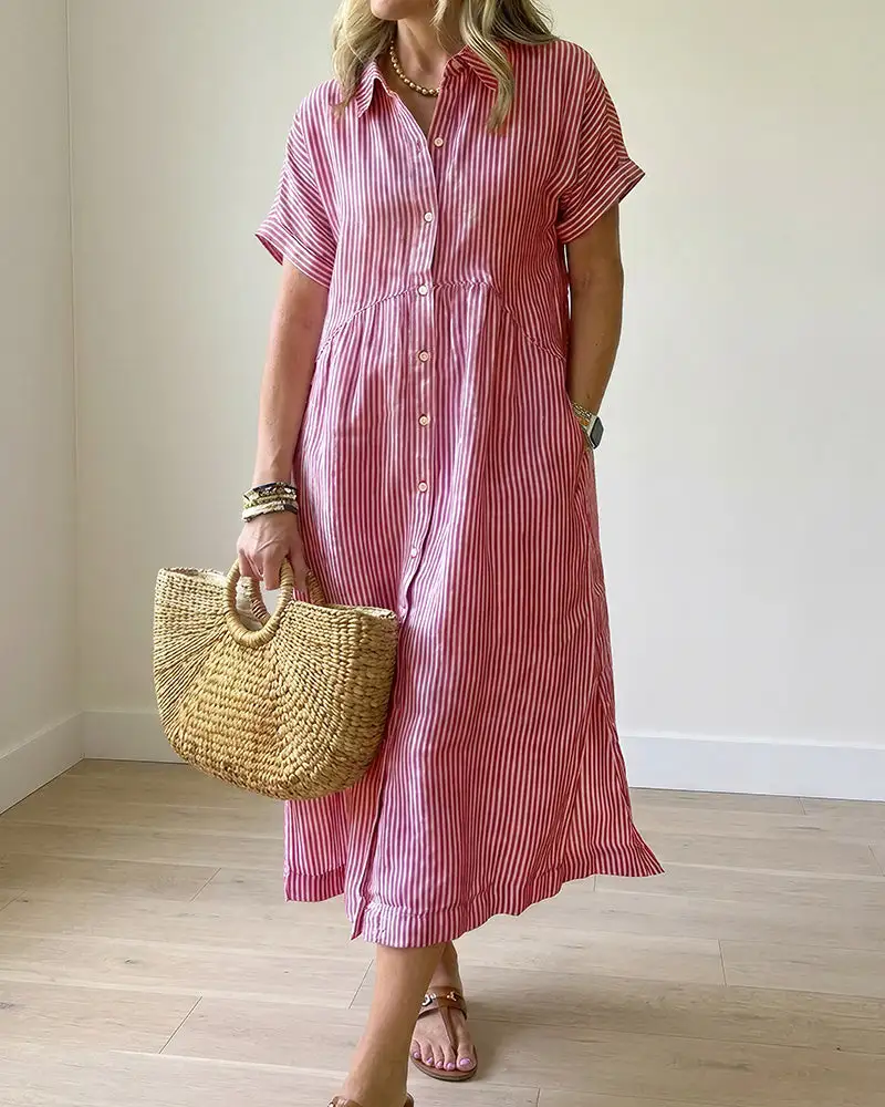 Casual Striped Short Sleeve Cotton Linen Shirt Midi Dress