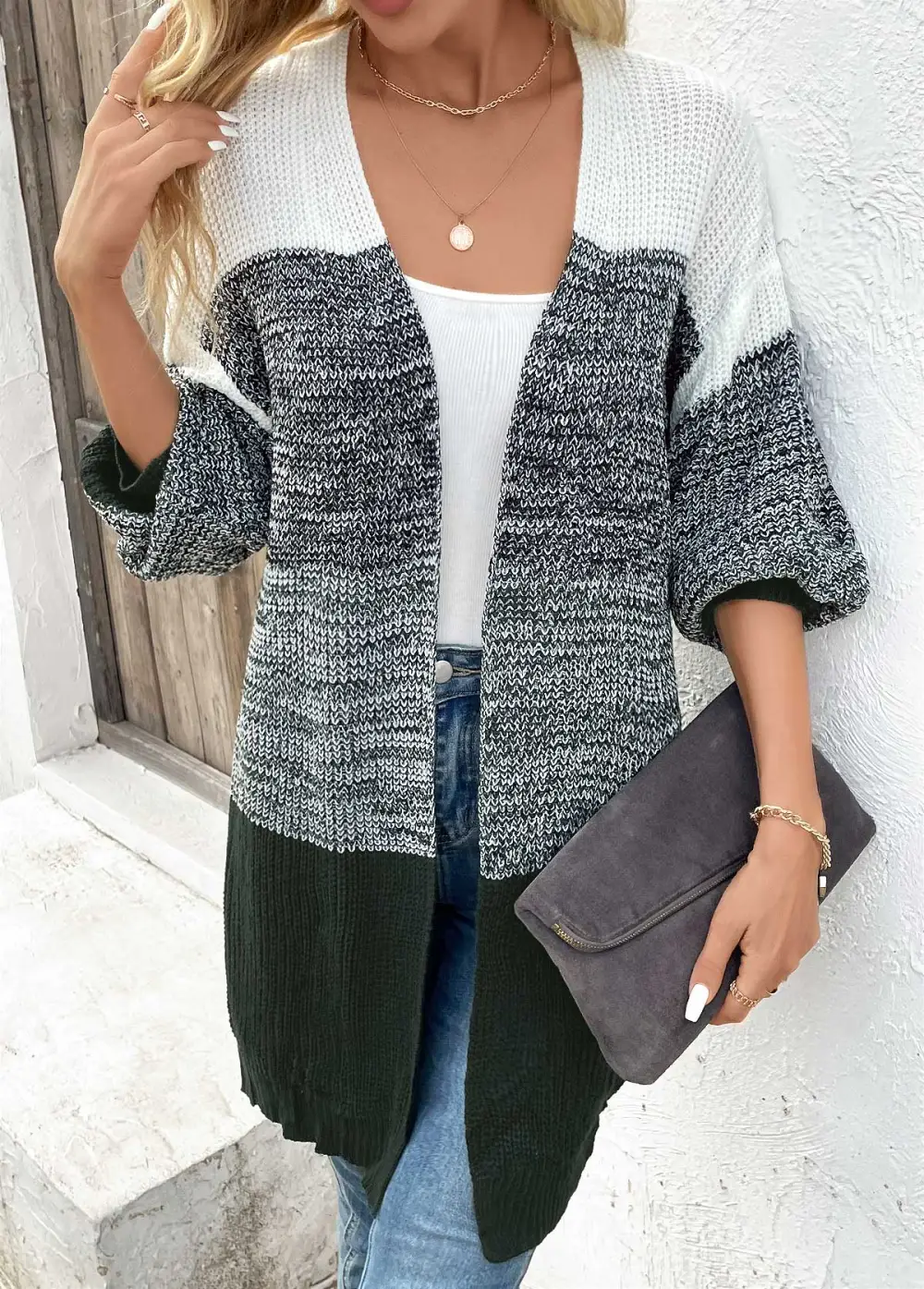 Dark Grey Patchwork Long Sleeve V Neck Coat