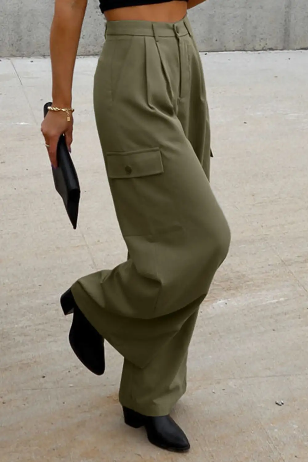 Ruched Wide Leg Pants With Pocket