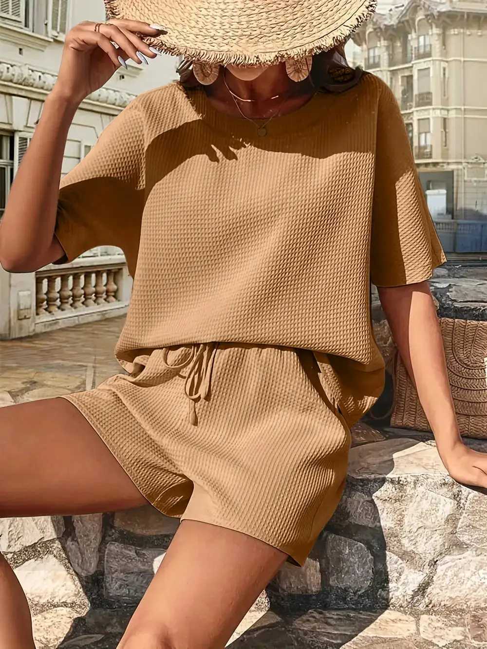 Waffle Knit Half Sleeve Top and Shorts Set
