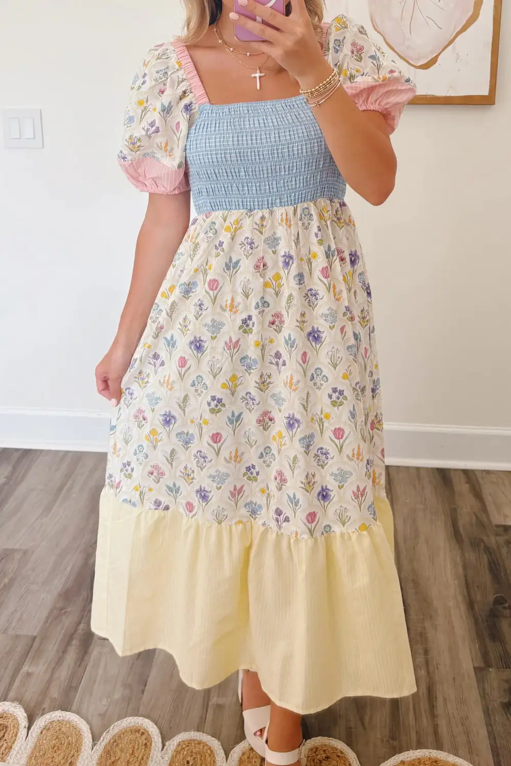 Floral Striped Patchwork Neck Maxi Dress