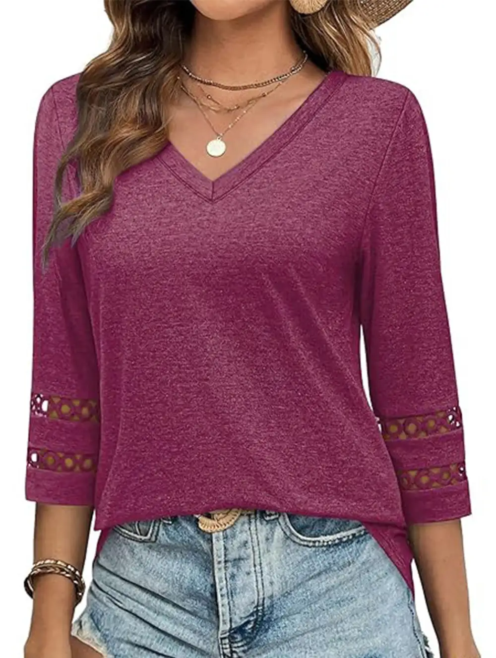 V-Neck Lace Trim Top