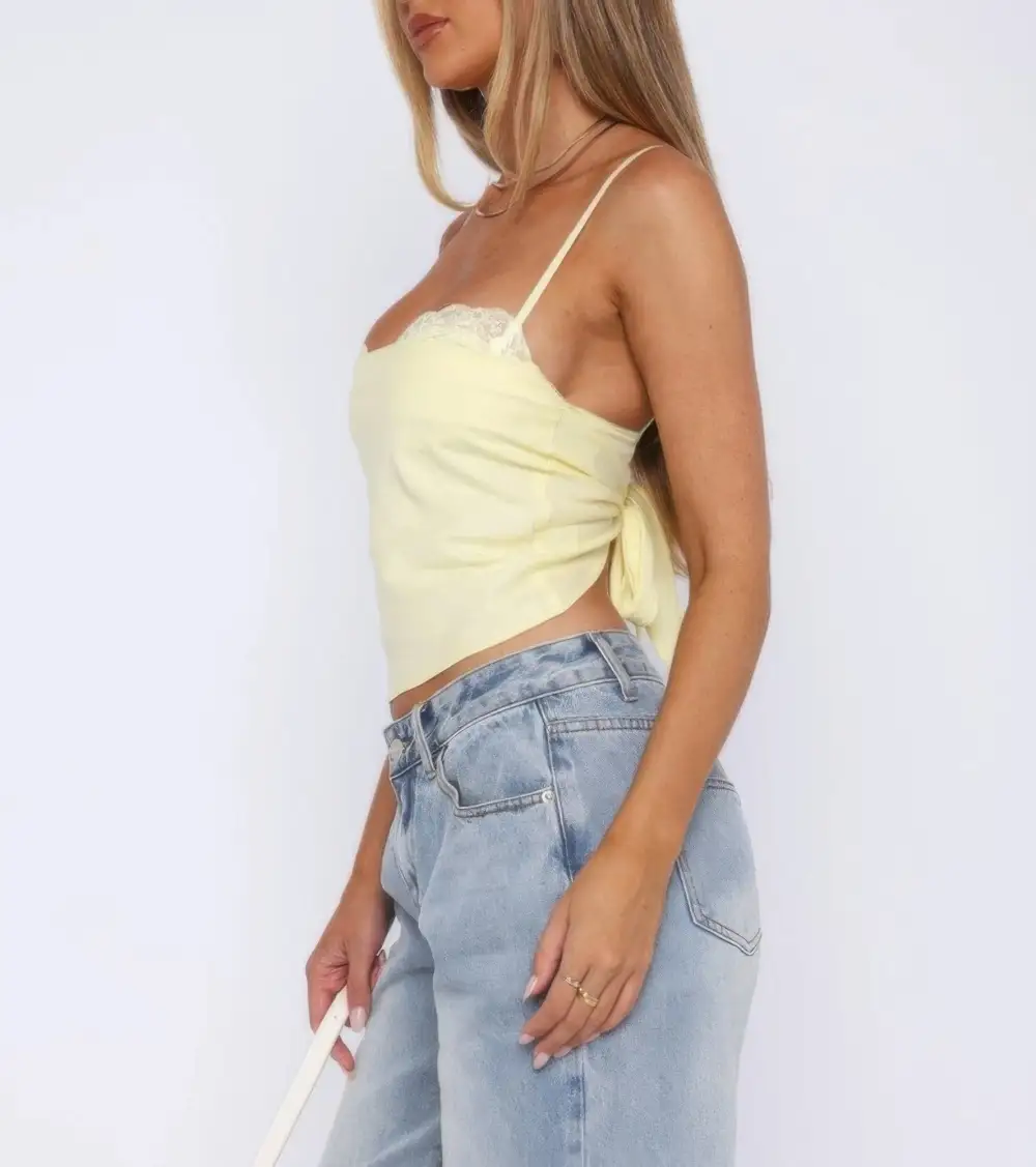 Solid Back Knot Lace Trim Sleeveless Shirt