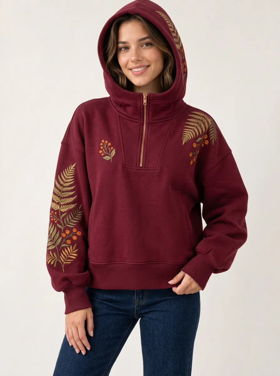 Women's Fern Berry Embroidered Quarter Zip Nature Casual Hoodie