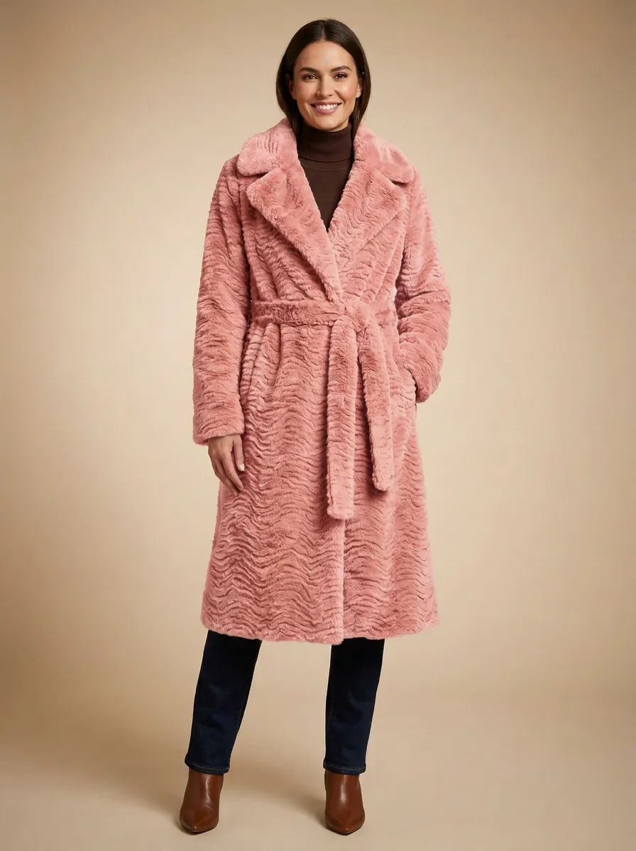Wavy Texture Belted Faux Fur Coat