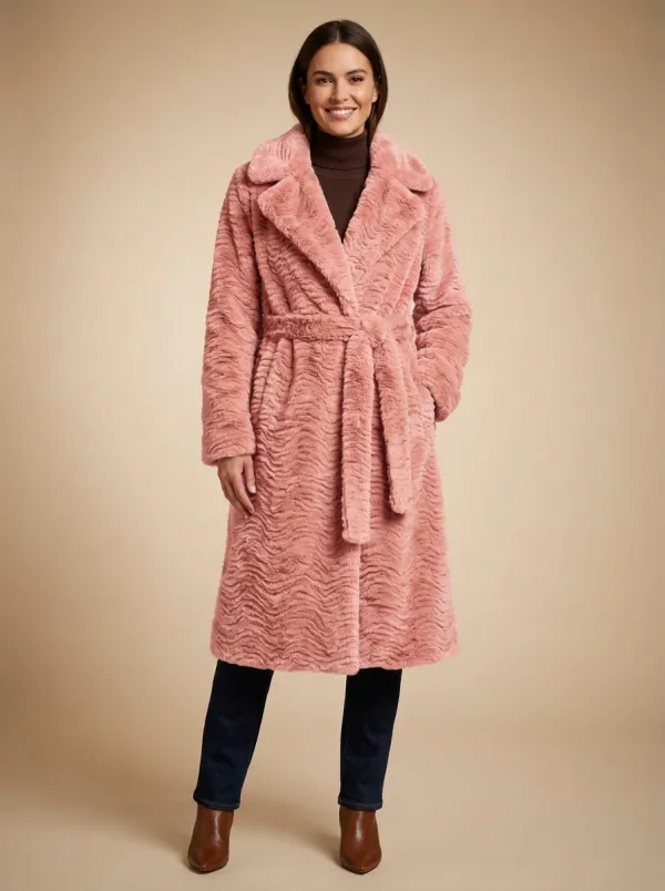 Wavy Texture Belted Faux Fur Coat