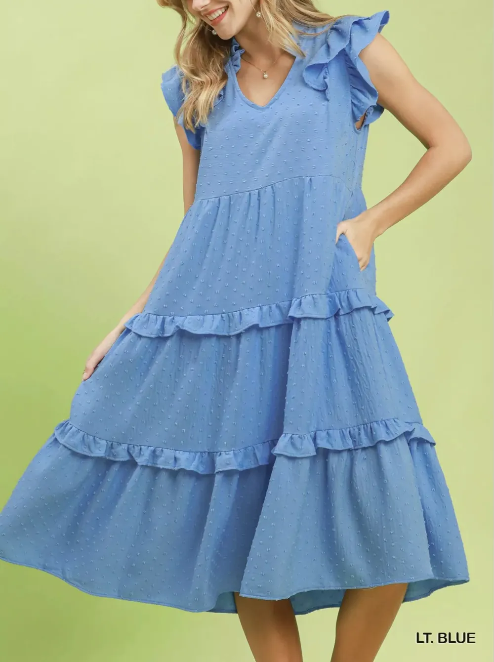 Ruffle Textured Ruffle Sleeve Tiered Midi Dress