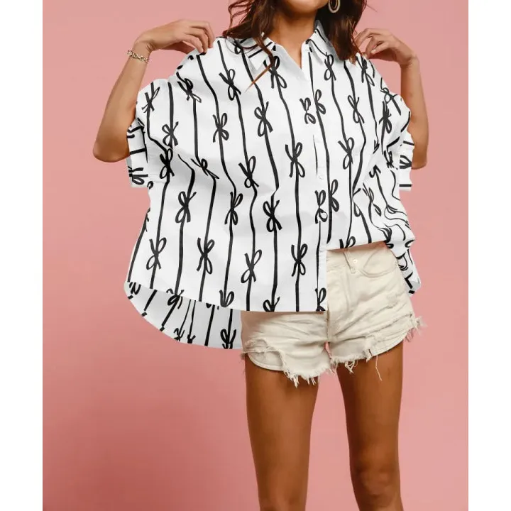 Bow Ribbon Woven Printed Button Down Shirt