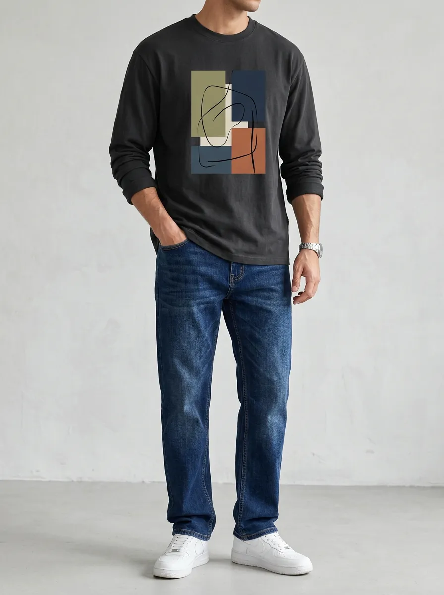Men's Abstract Geometric Line Art Printed Long Sleeve T-Shirt and Jeans Set