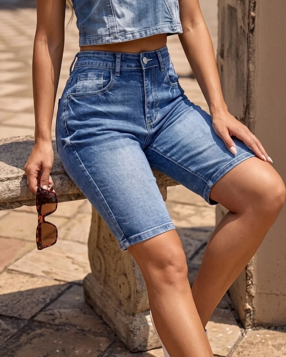 Embroidered Mid-Rise Denim Bermuda Shorts