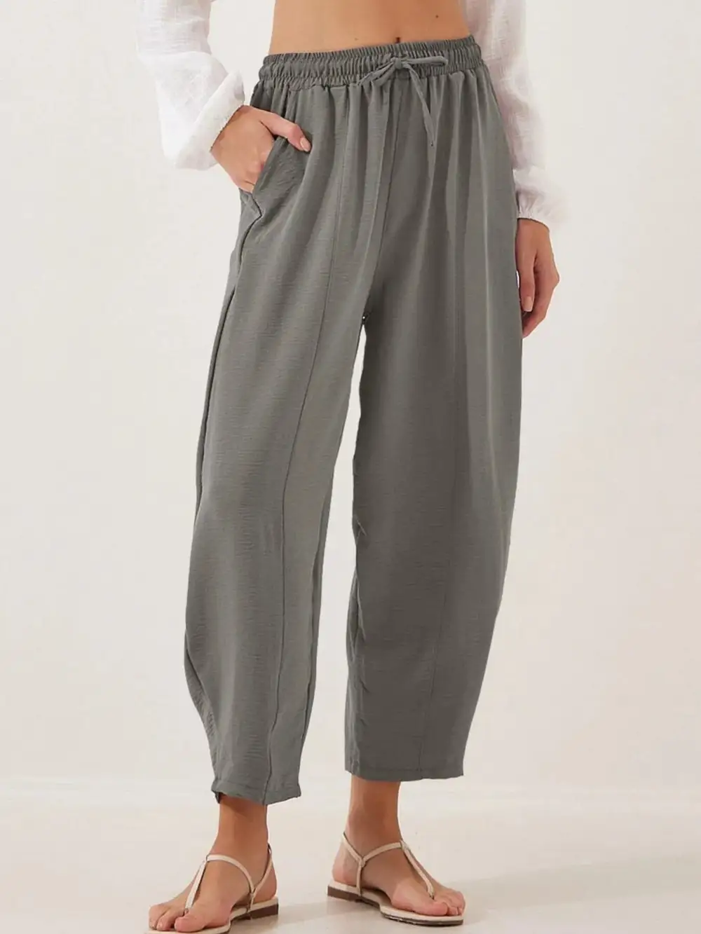 Full Size Drawstring Wide Leg Cropped Pants Plus Size