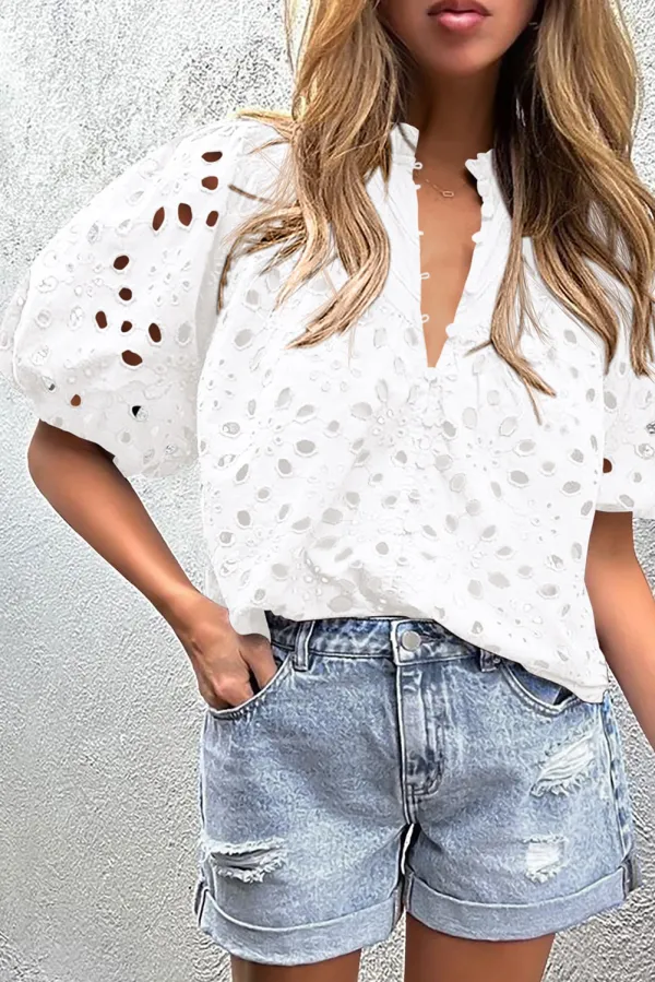 White Flower Embroidered Hollow Out Blouse