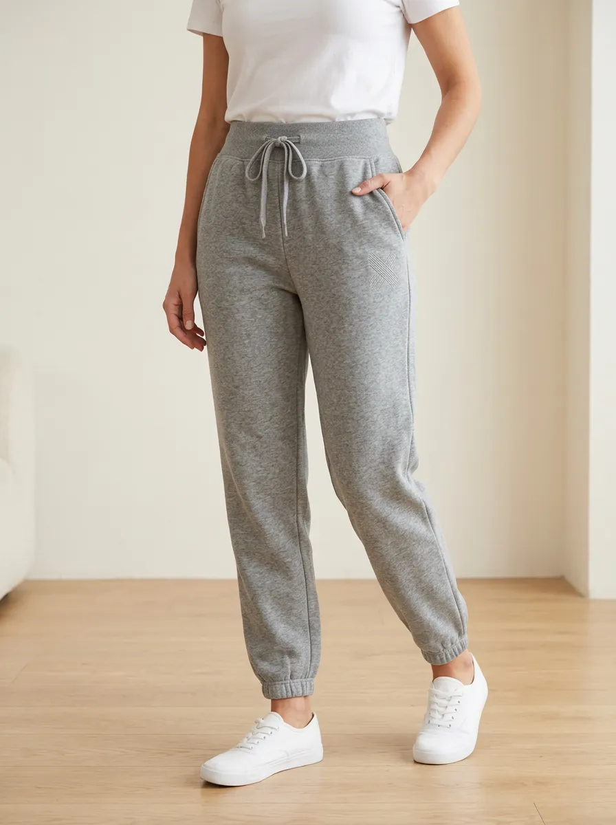 Women's Casual Grey High-Waisted Embroidered Logo Joggers