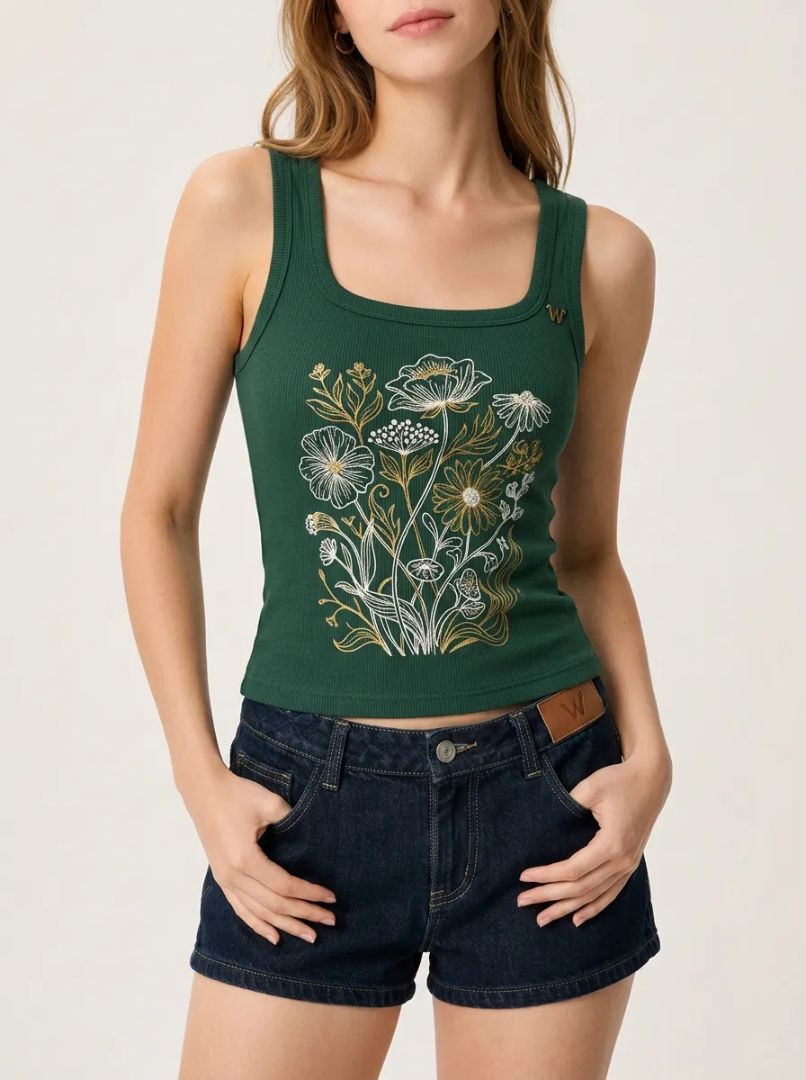 Women's Floral Nature-Inspired Wildflower Ribbed Tank Top