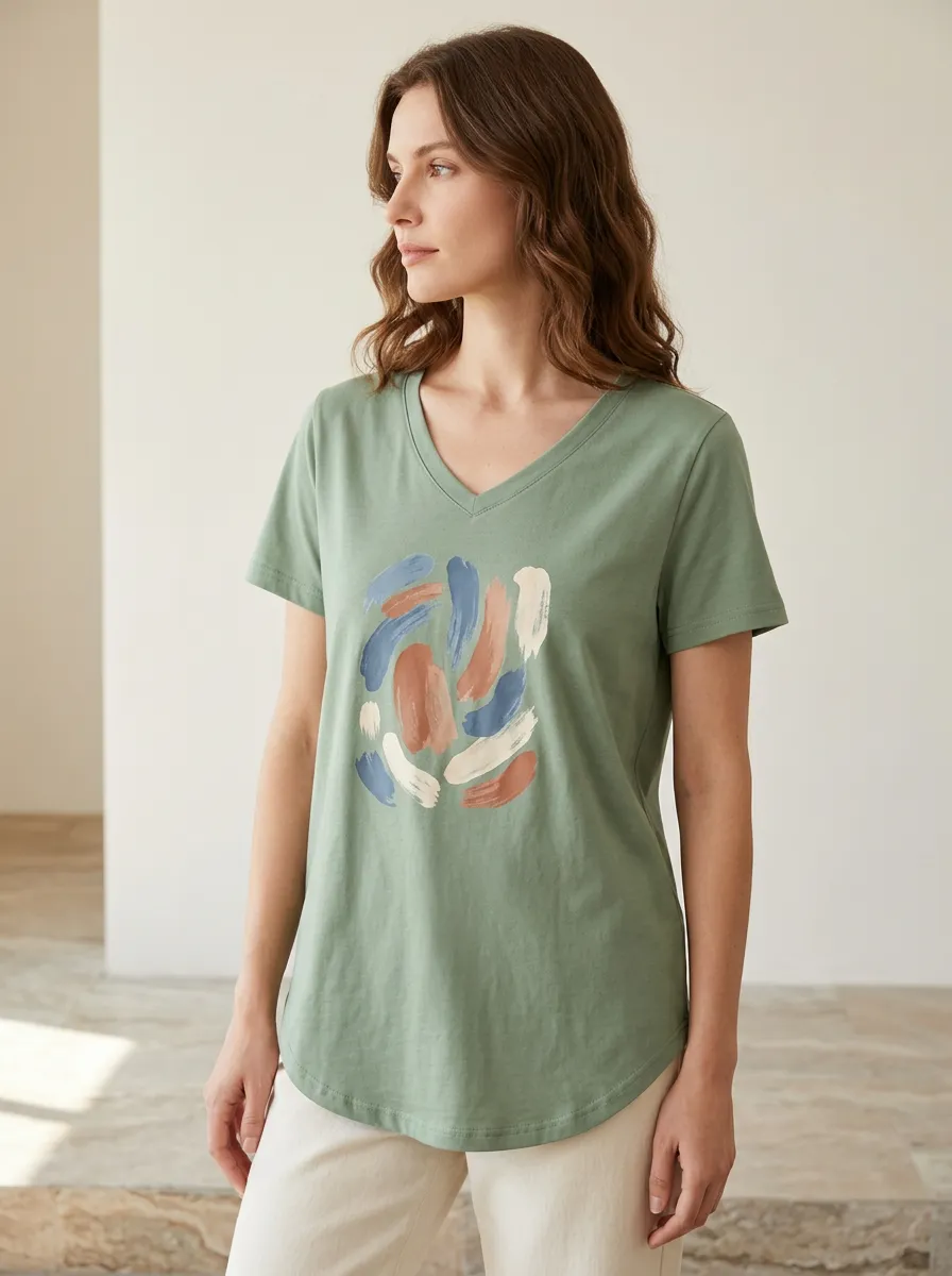 Women's Abstract Art Lover Brushstroke Printed V-Neck T-Shirt Everyday Design