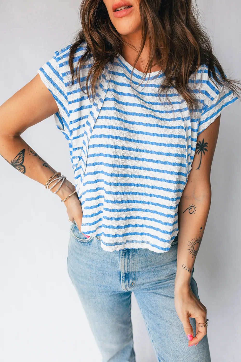 Blue Stripe Textured Short Sleeve Tee