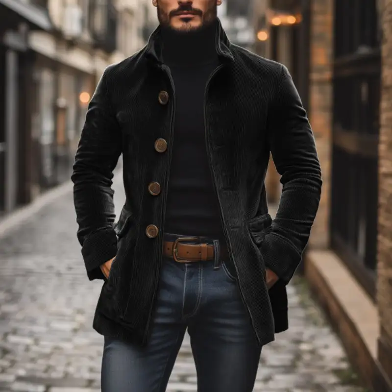 Textured Button Band Collar Coat