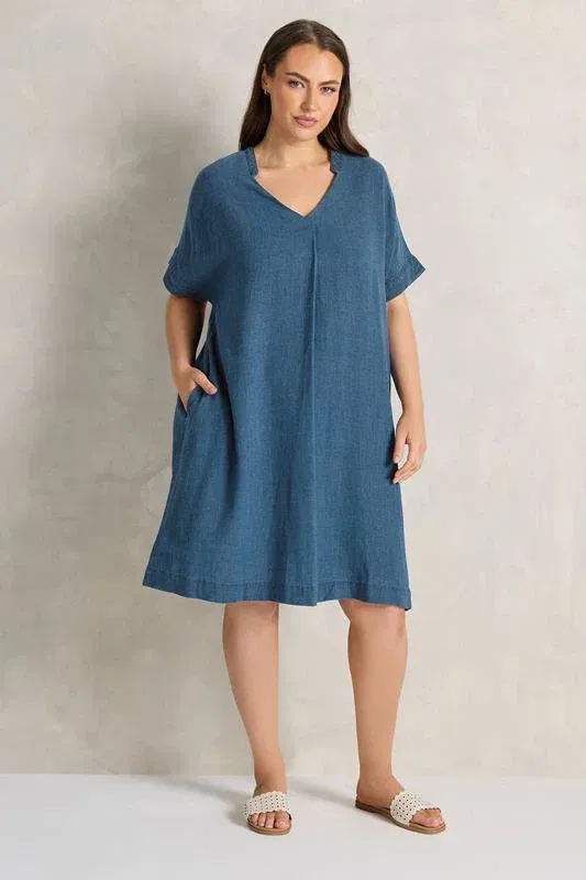 Blue Premium Linen Shift Denim Dress