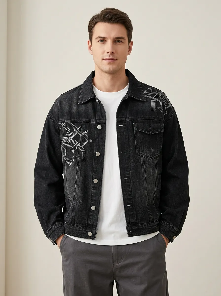 Men's Geometric Line Art Printed Denim Jacket