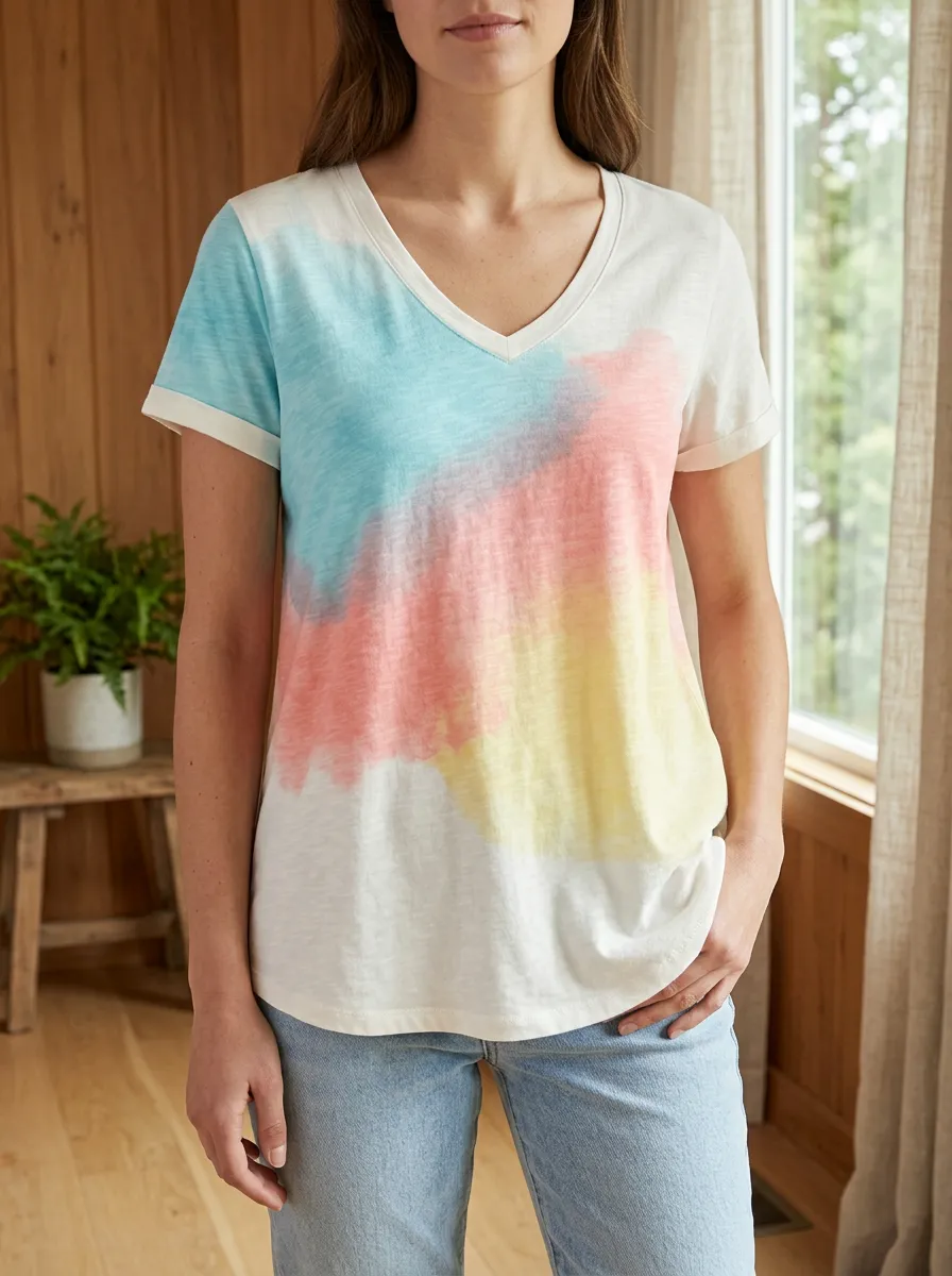 Women's Graphic Pastel Watercolor Tie-Dye V-Neck T-Shirt
