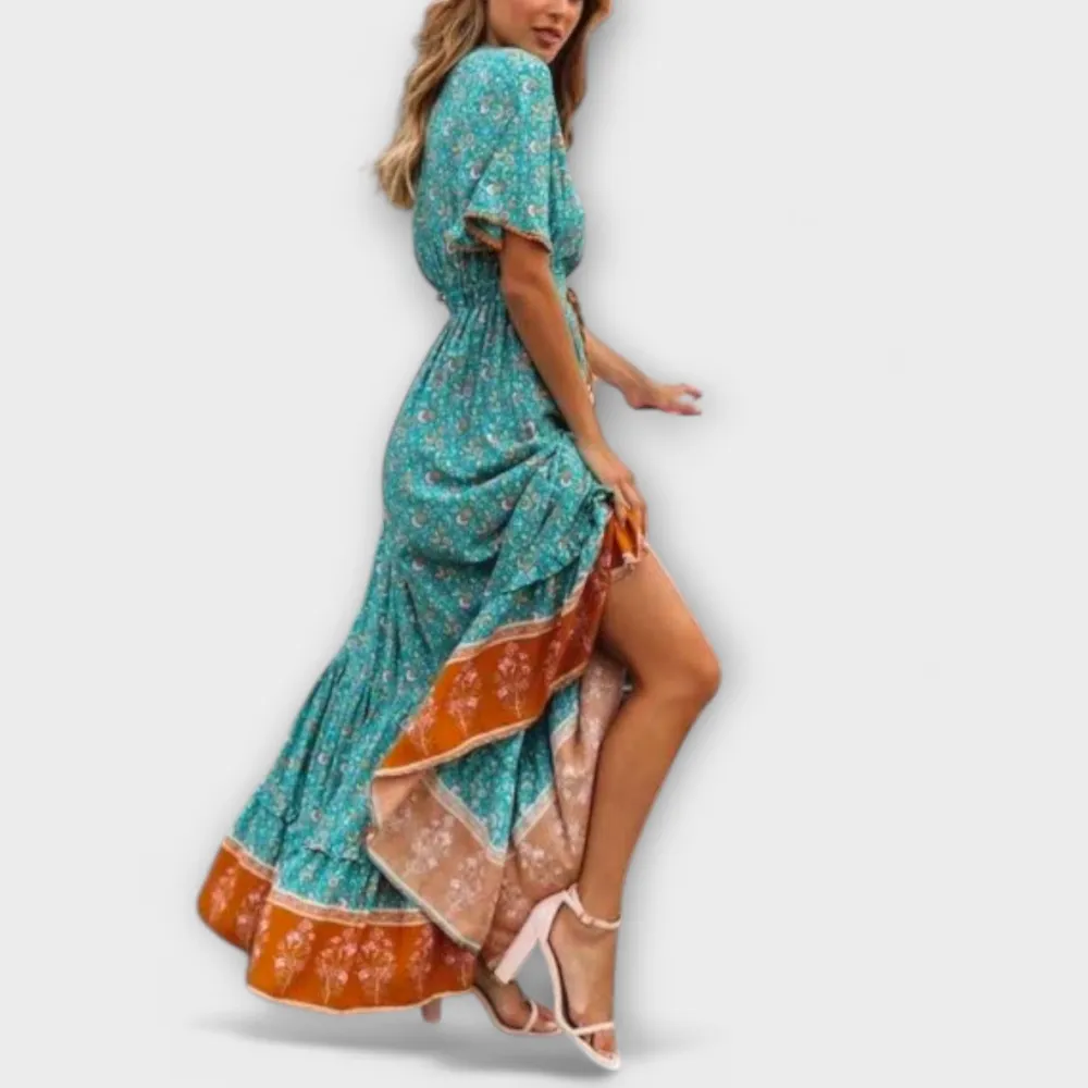 Floral Short Sleeve Boho Maxi Dress