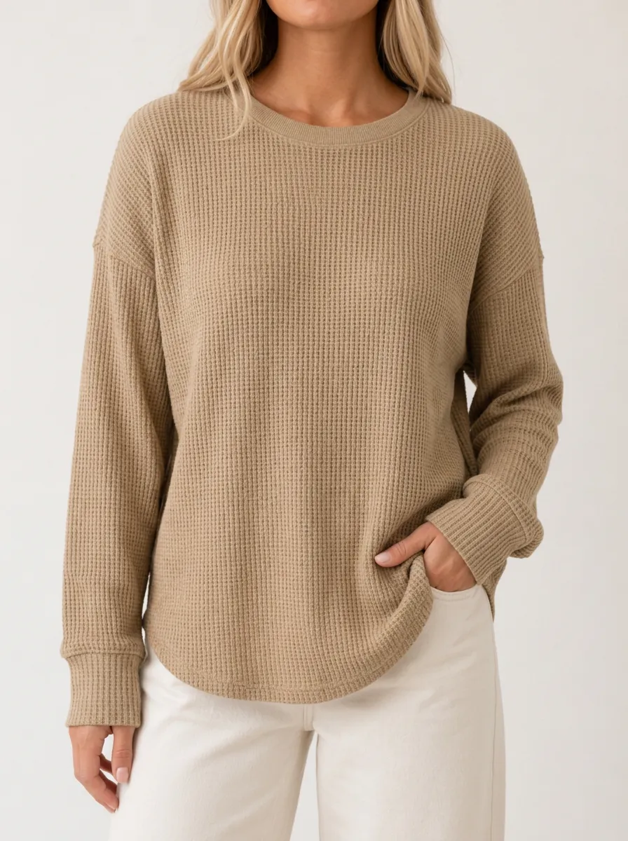 Women's Casual Minimalist Tan Waffle Knit Long Sleeve Top
