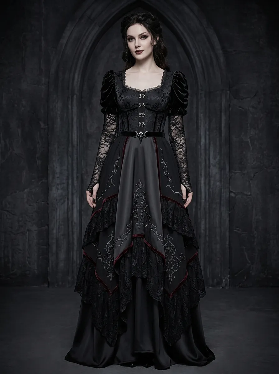 Dark Romantic Victorian Lace Embroidered Alternative Look Women's Gothic Dress