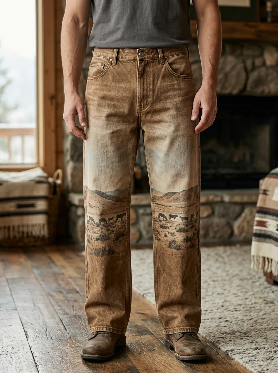 Men's Western Cowboy Desert Landscape Printed Jeans