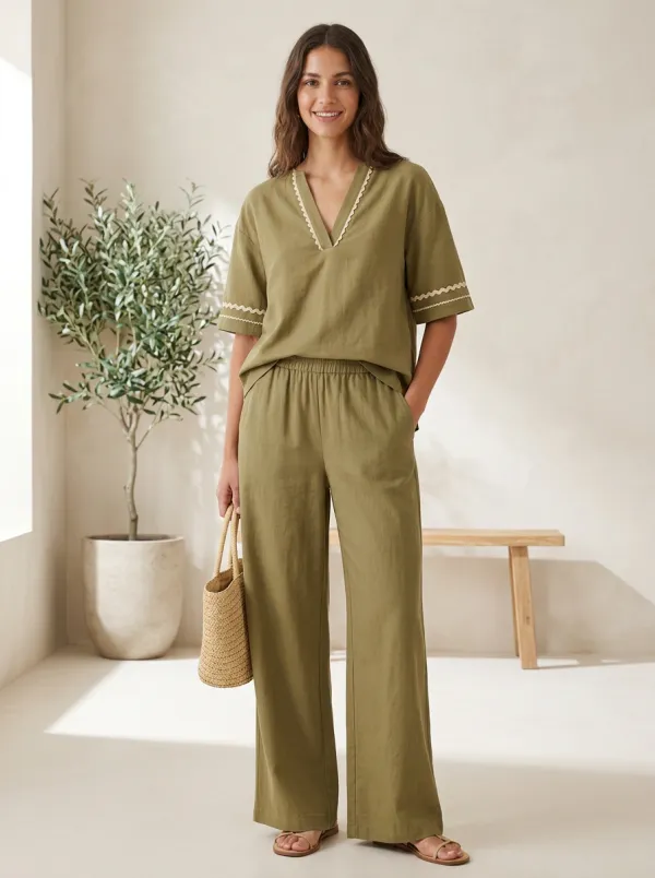 Short-Sleeve Embroidered Linen-Blend Women's V-Neck Shirt