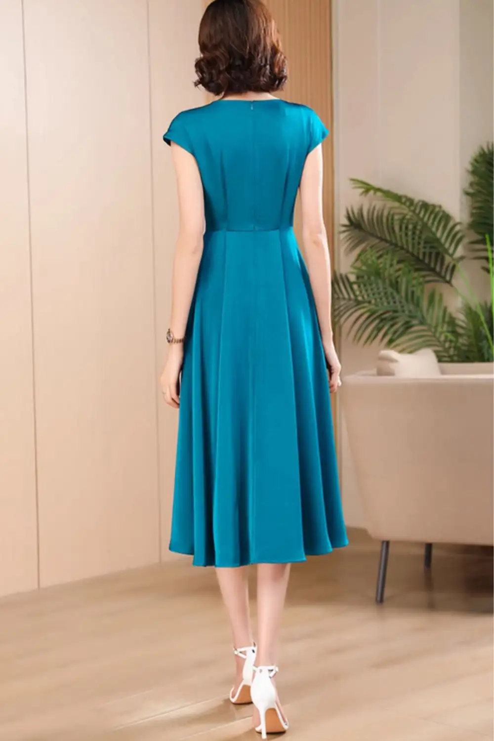 Polyester Fit And Flare V Neck Midi Dress