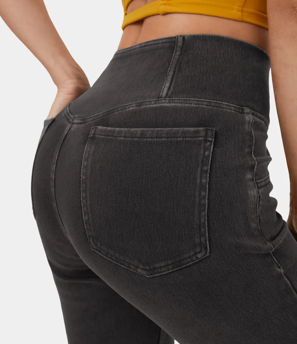 Magic High Waisted Crossover Pocket Washed Stretchy Knit Casual Super Flare Jeans